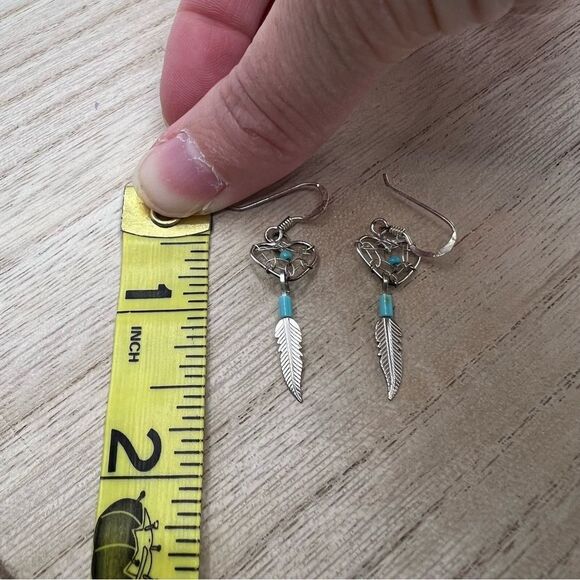 Sterling silver 925 Dreamcatcher heart feather turquoise drop dangle earrings - Picture 3 of 5